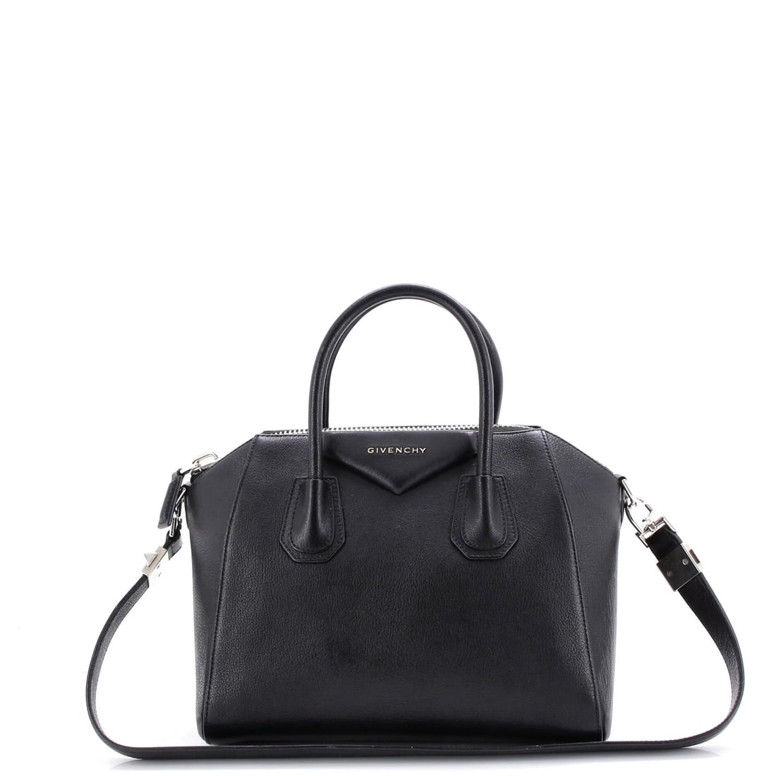 Givenchy Antigona Bag Leather Small: Brand: Givenchy Exterior Material: Leather Style: Satchels Exterior Color: Black Size: Small Measurements: Handle Drop 4", Height 9", Width 11", Depth 6.5", Strap Drop 9" Model: Antigona Bag Leather S