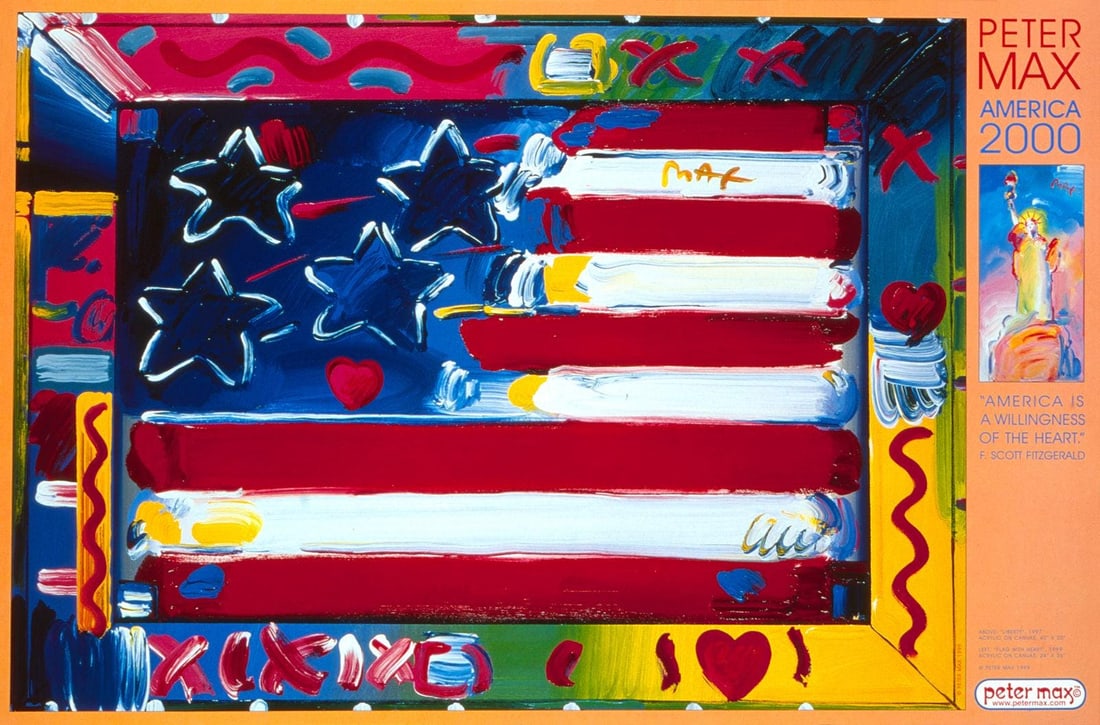 Peter Max, America, 2000, 1999, Hand Signed, Official Edition Offset Lithograph: Offset lithograph in colors on gloss archival paper. Paper size: 24 x 36 inches. Inscription: Hand signed by Peter Max in ink and unnumbered, as issued. Condition: Excellent. Notes: Published and prin