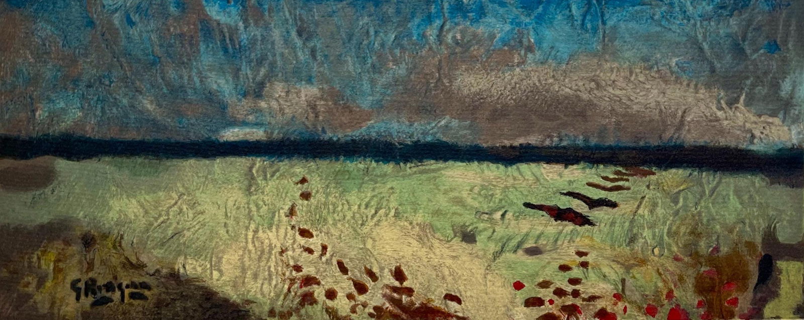 Georges Braque, Paysage Aux Coquelicots, Varengeville, Lithograph: Lithograph on vlin paper hinged on support sheet, as issued. Image Size: 6.125 x 13.75 inches. Excellent condition. Inscription: Unsigned and unnumbered. Notes: From the folio, Varengeville, 1968. Pub