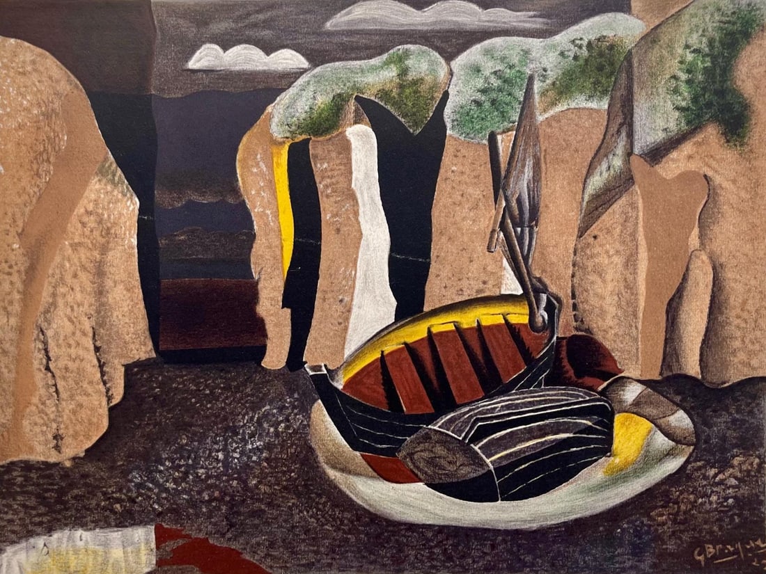Georges Braque, Les Falaises, Varengeville, Lithograph: Lithograph on vlin paper hinged on support sheet, as issued. Image Size: 10.5 x 13.75 inches. Excellent condition. Inscription: Unsigned and unnumbered. Notes: From the folio, Varengeville, 1968. Publ