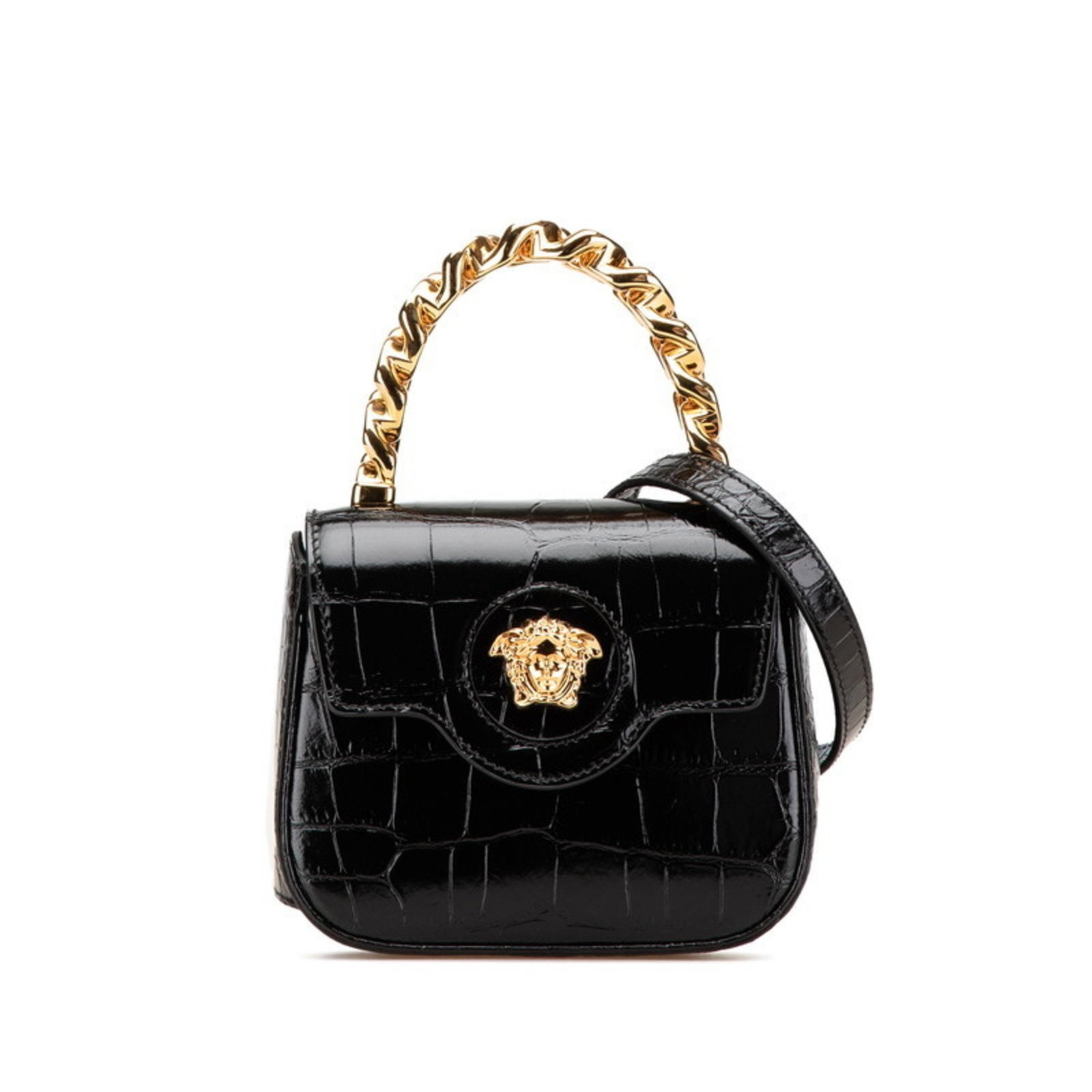 Versace Medusa Crocodile Embossed Handbag/Shoulder Bag: Brand: Versace Type: Handbag, Shoulder Bag Material: Leather Color: Black, Gold Gender: Women Size (Hxwxd): 14cm x 16cm x 6.5cm / 5.51'' x 6.29'' x 2.55'' Condition: Used (good), Traces of usage, scra
