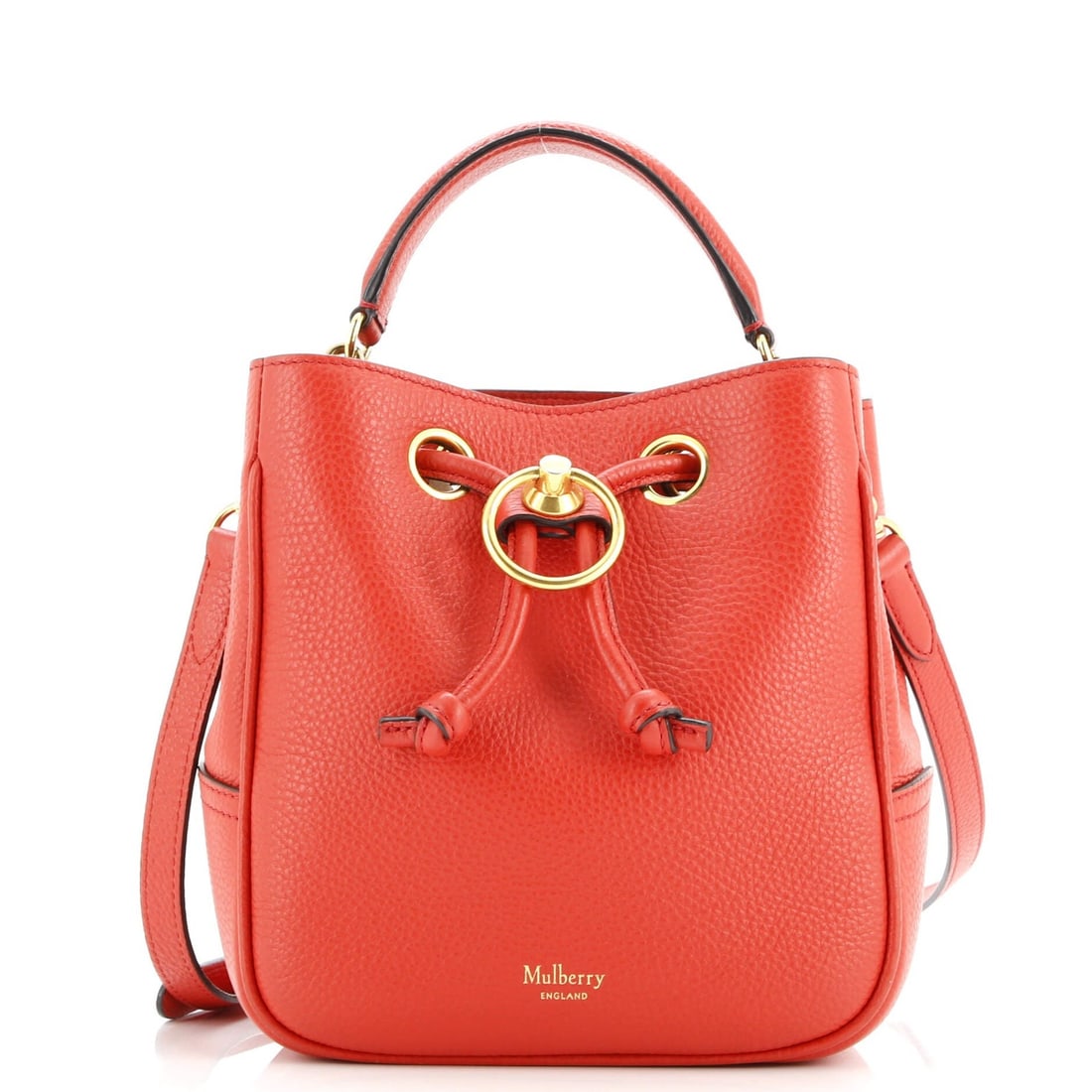 Mulberry Hampstead Bucket Bag Leather Small: Brand: Mulberry Exterior Material: Leather Style: Bucket Exterior Color: Red Size: Small Accessories: With Strap Measurements: Handle Drop 3.5", Height 7.75", Width 7", Depth 5", Strap Drop 19-22" Mod