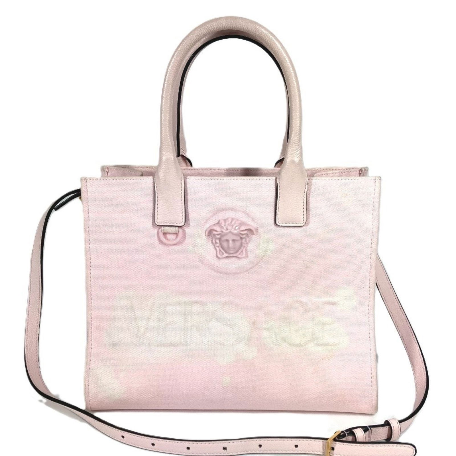 Versace Medusa Logo La Bag: Brand: Versace Type: Handbag, Pouch, Shoulder Bag, Tote Bag Material: Leather , Canvas Color: Pink Gender: Women Size (Hxwxd): 23cm x 29cm x 14cm / 9.05'' x 11.41'' x 5.51'' Condition: Used (acceptabl
