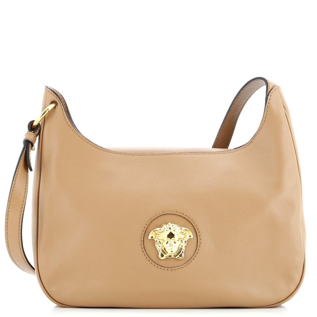Versace La Medusa Hobo Leather Medium: Brand: Versace Exterior Material: Leather Style: Hobos Exterior Color: Brown Size: Medium Accessories: With Strap Measurements: Height 8", Width 12", Depth 3", Strap Drop 19" Model: La Medusa Hobo Lea