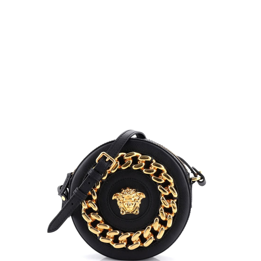 Versace La Medusa Round Camera Bag Leather With Chain Detail Small: Brand: Versace Exterior Material: Leather Style: Cross Body Bags Exterior Color: Black Size: Small Measurements: Height 6.5", Width 8", Depth 2" Model: La Medusa Round Camera Bag Leather with Chain De