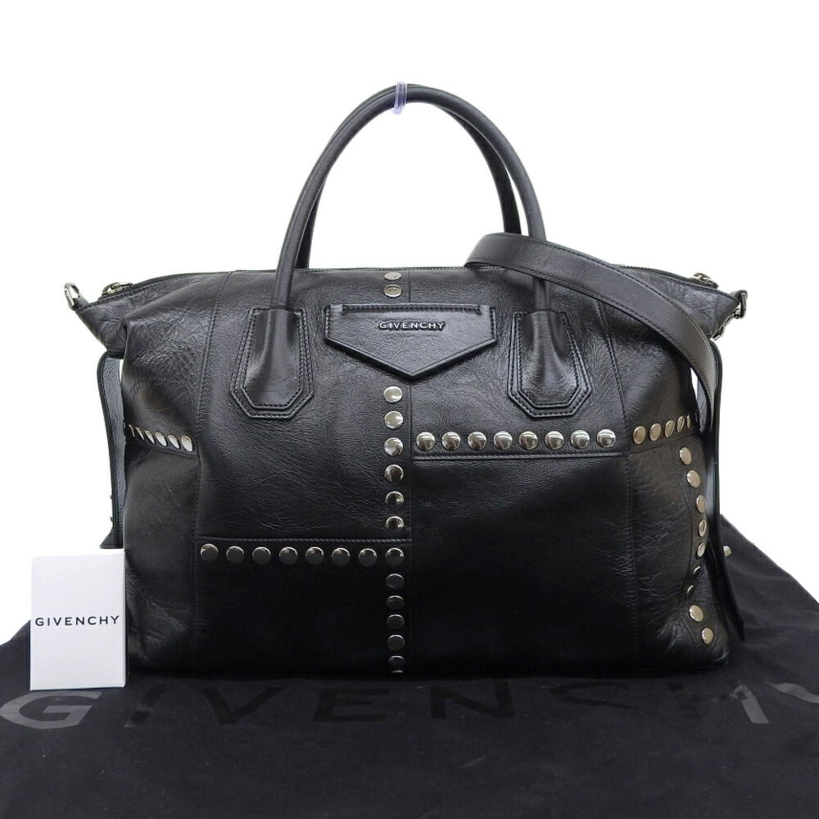 Givenchy Antigona Soft Medium Studded Handbag Bb50F2B0Wy In Black Leather: Brand: Givenchy Type: Handbag Material: Leather Color: Black Closure: Zipper Gender: Women Size (Hxwxd): 33cm x 44cm x 8cm / 12.99'' x 17.32'' x 3.14'' Handle Length: 41cm / 16.14'' Strap Length: 70.5