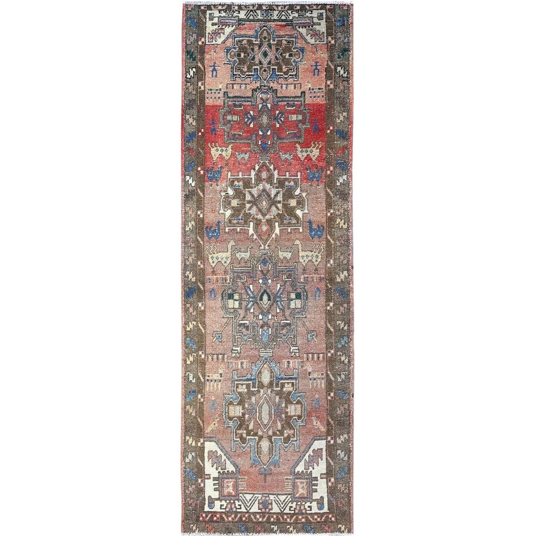 3'2"X9'9" Brown Old Northwest Zoroastrian Hand Knotted Wide Runner Rug: Style: Zoroastrian Type: Indoor Material: Wool Color: Brown Item Length: 117 Item Width: 38 Rug Type: Hand Knotted Pile: Wool Shape: Runner Field Color: Brown Size: 3"2" x 9"9" / 97 CM X 297 CM Age: 1
