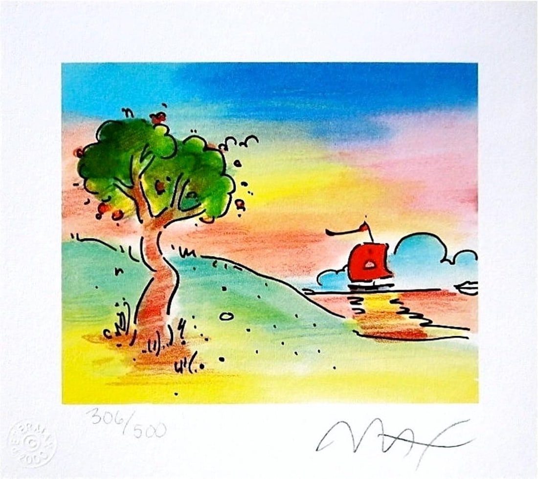 Peter Max, Quiet Lake, Hand Signed, Official Lithograph: Lithograph in colors on Lustro Saxony paper. Paper size: 7.375 x 8.5 inches. Inscription: Hand signed by Peter Max and numbered, as issued. Condition: Excellent. Notes: Published and printed by Via Ma