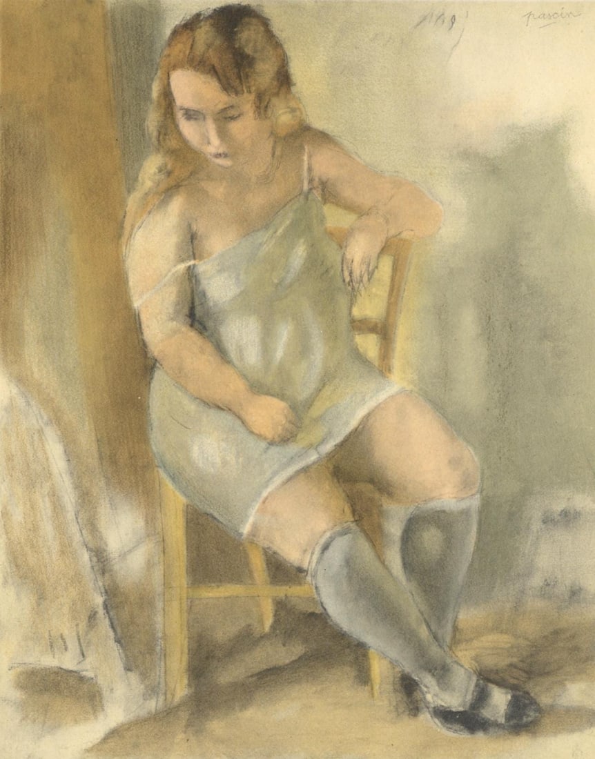 Jules Pascin, Marcelle La Chemise Bleue, Pascin, Lithograph: Lithograph on grand vlin Renage paper. Paper size: 12.25 x 9.5 inches. Excellent condition. Inscription: Signed in the plate and unnumbered, as issued. Notes: From the album, Pascin, 1954. Published b