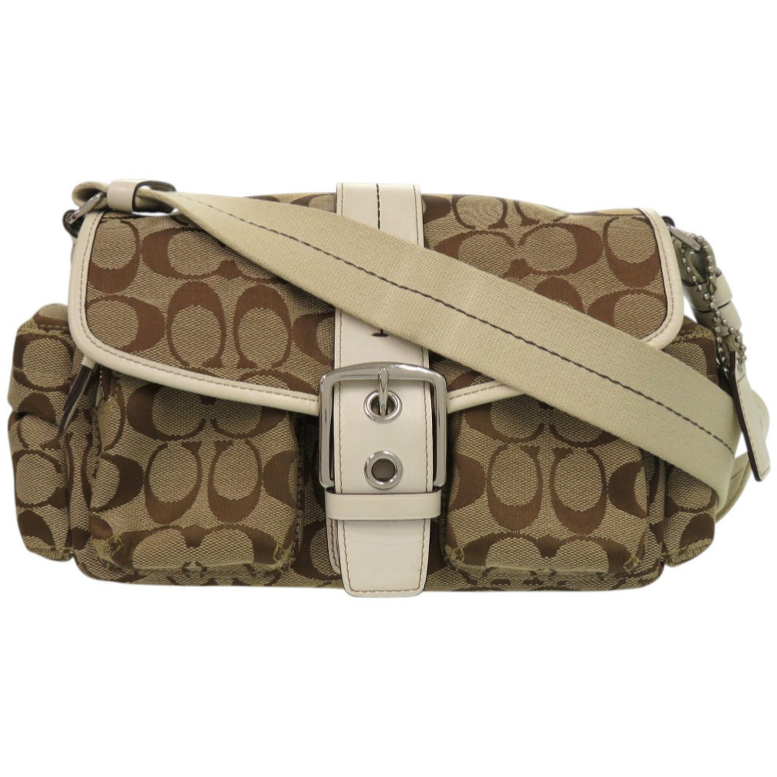 Like New Coach Signature Leather Canvas Brown Shoulder Bag 0663 Coach: Brand: Coach Type: Shoulder Bag Material: Leather , Canvas Color: Beige, Brown Gender: Women Size (Hxwxd): 17cm x 23cm x 10cm / 6.69'' x 9.05'' x 3.93'' Condition: Used (like new), Hardly any traces o