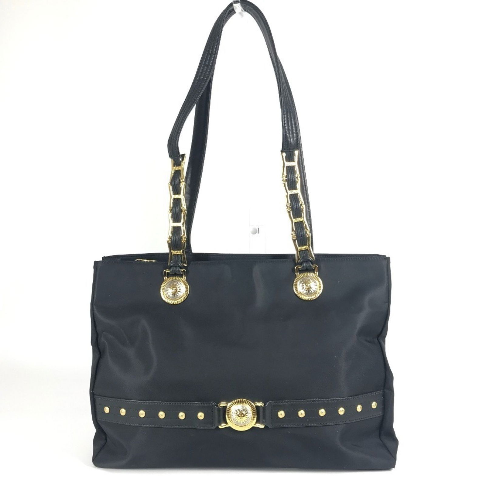 Versace Logo Sunburst Tote Bag With Chain Shoulder In Nylon/Leather: Brand: Versace Type: Shoulder Bag, Tote Bag Material: Nylon , Leather Color: Black Hardware Color: Gold Gender: Unisex Size (Hxwxd): 28.5cm x 38cm x 10cm / 11.22'' x 14.96'' x 3.93'' Condition: Used (