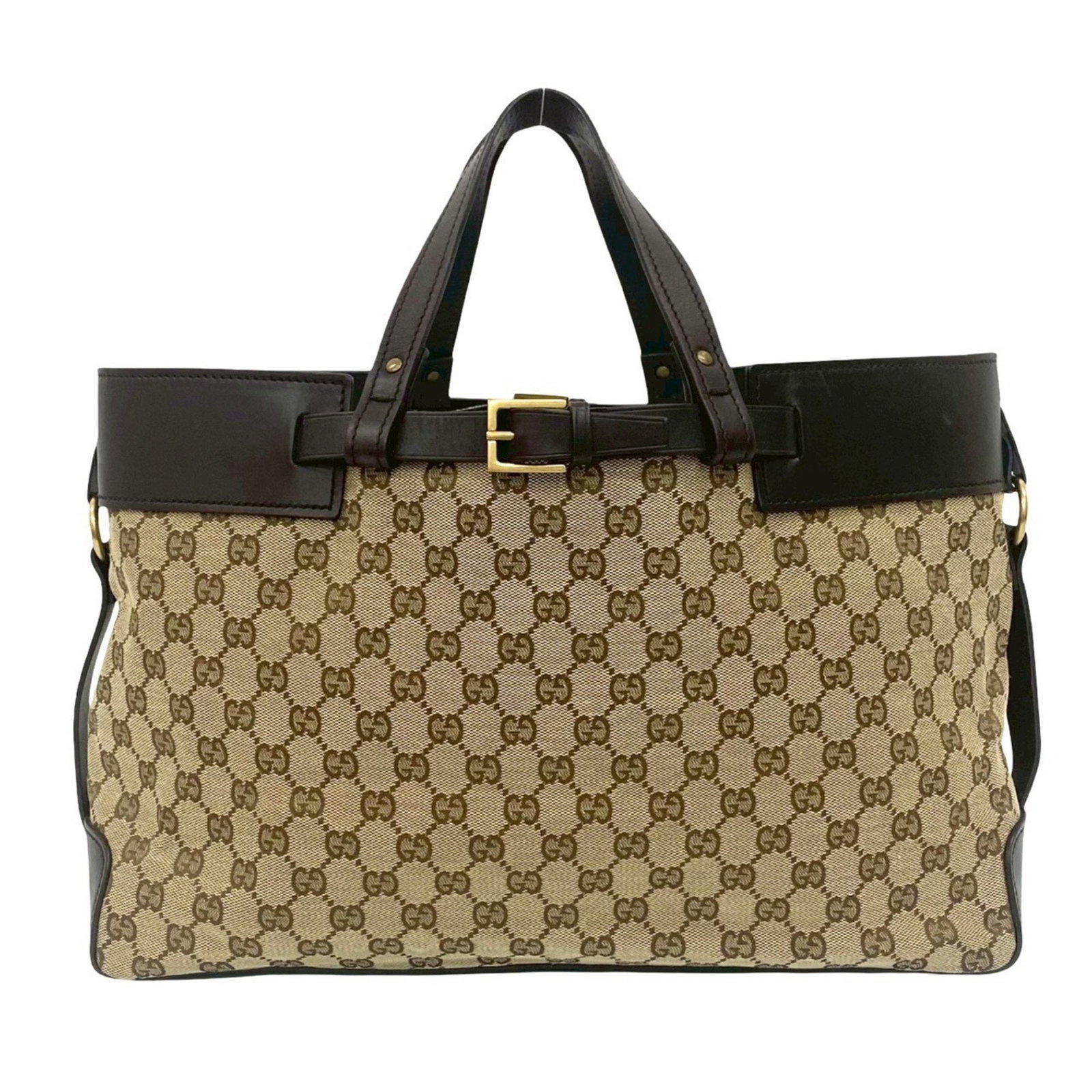 Gucci Gg Logo Belt Clasp Canvas And Leather Tote Bag (1 of 7)