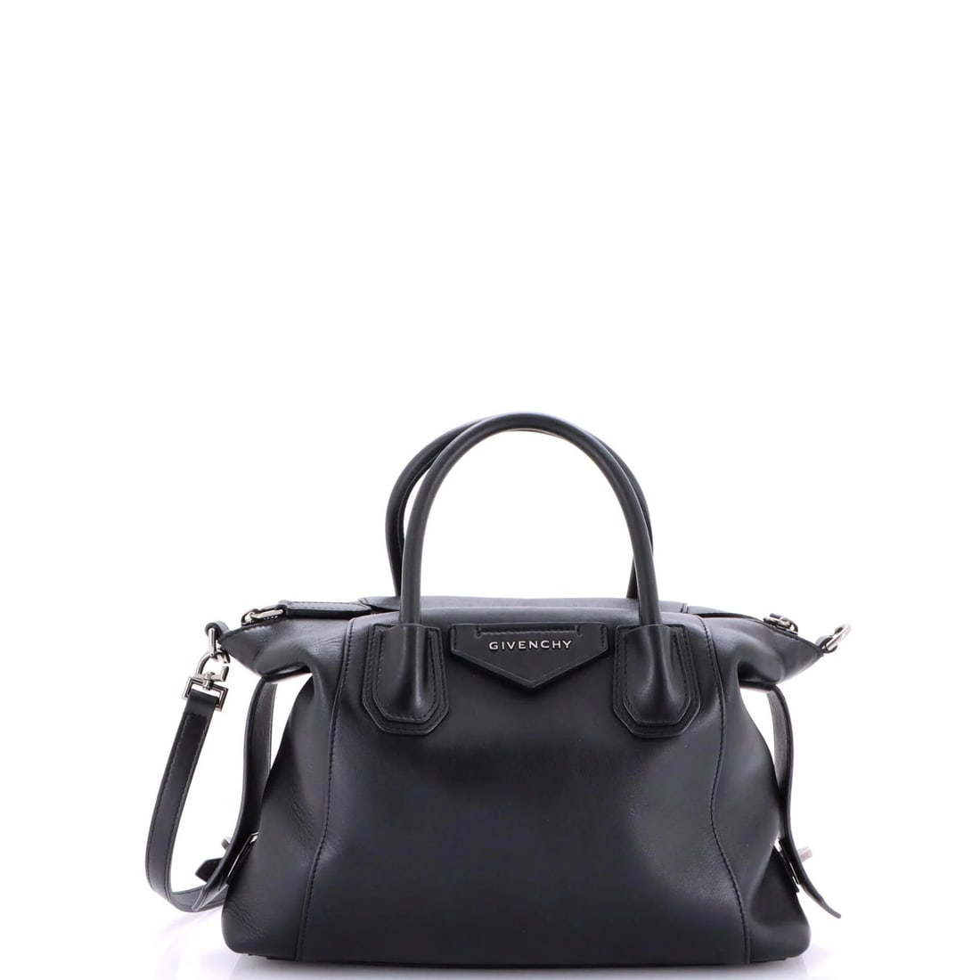 Givenchy Antigona Soft Bag Leather Small: Brand: Givenchy Exterior Material: Leather Style: Satchels Exterior Color: Black Size: Small Measurements: Handle Drop 3.5", Height 10", Width 12", Depth 3", Strap Drop 17.5-21.5" Model: Antigona Soft