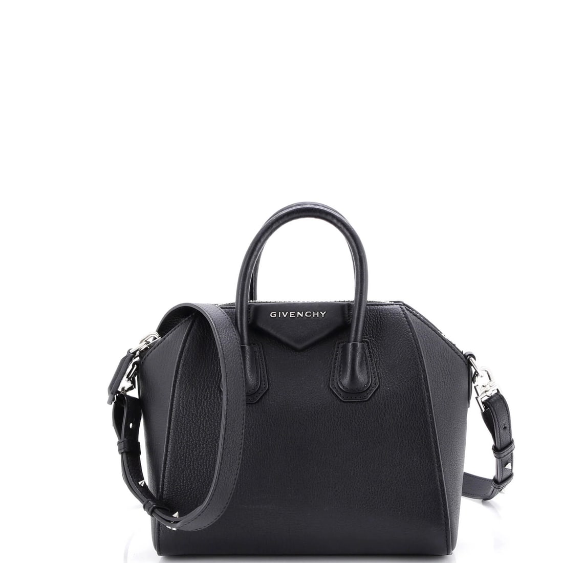 Givenchy Antigona Bag Leather Mini: Brand: Givenchy Exterior Material: Leather Style: Cross Body Bags Exterior Color: Black Size: Mini Measurements: Handle Drop 3", Height 7.5", Width 9", Depth 5", Strap Drop 19-23" Model: Antigona Bag
