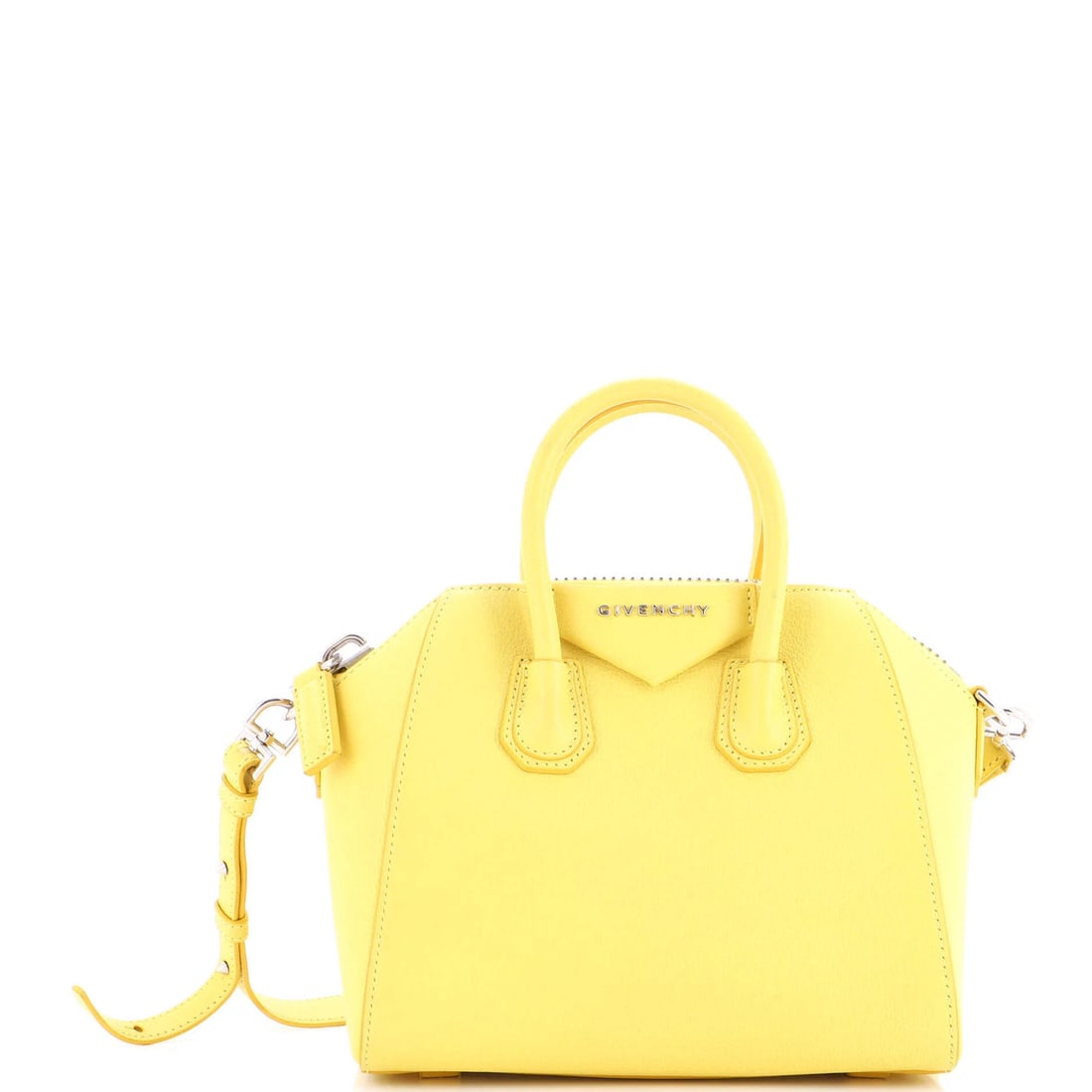 Givenchy Antigona Bag Leather Mini: Brand: Givenchy Exterior Material: Leather Style: Cross Body Bags Exterior Color: Yellow Size: Mini Accessories: With Strap Measurements: Handle Drop 3", Height 7.5", Width 9", Depth 5", Strap Drop 19