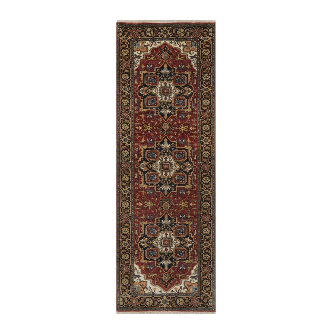 2'9"X8'1" Red Hand Knotted Rug Antiqued Fine Heris Revival Wool Runner: Style: Heris Type: Indoor Material: Wool Color: Red Item Length: 97 Item Width: 33 Rug Type: Hand Knotted Pile: Wool Shape: Runner Field Color: Red Size: 2"9" x 8"1" / 84 CM X 246 CM Age: 2000-Now Pat