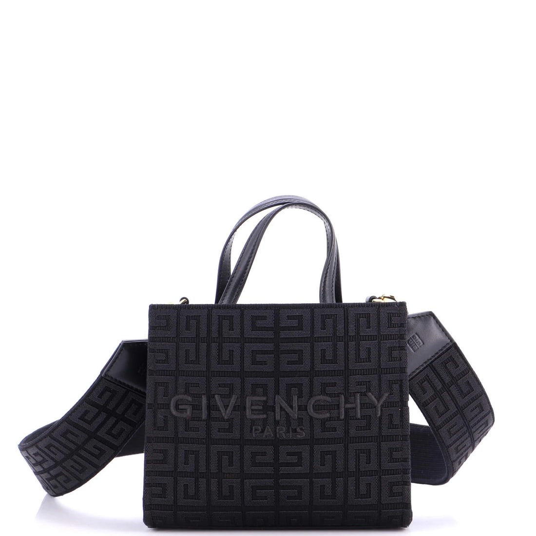 Givenchy G-Tote 4G Jacquard Mini: Brand: Givenchy Exterior Material: Jacquard Style: Totes Exterior Color: Black Size: Mini Accessories: With Strap Measurements: Height 6.5", Width 7.5", Depth 3" Model: G-Tote 4G Jacquard Mini Exterio