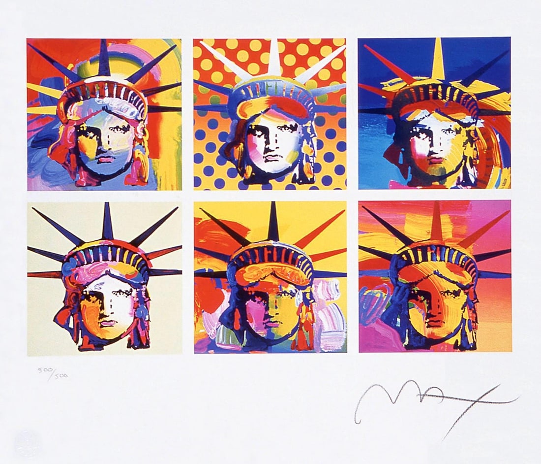 Peter Max, Six Liberties, Hand Signed, Official Lithograph: Lithograph in colors on Lustro Saxony paper. Paper size: 13.5 x 15.37 inches. Inscription: Hand signed by Peter Max and numbered, as issued. Condition: Excellent. Notes: Published and printed by Via M