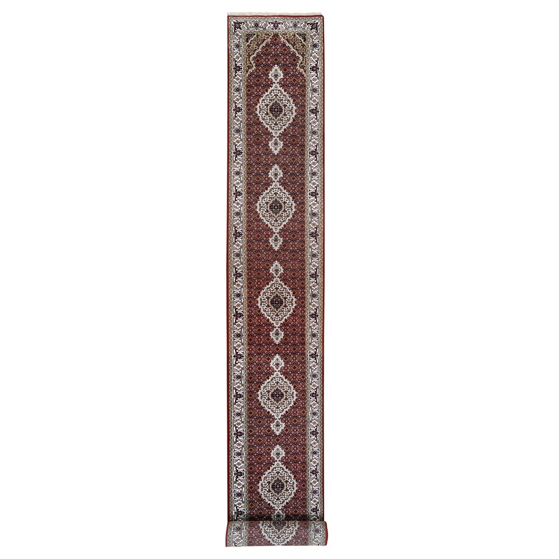2'6"X16'3" Red Tebraz Mahi Fish Design Hand Knotted Wool-Silk Runner Rug: Style: Oriental Type: Indoor Material: Silk Color: Red Item Length: 195 Item Width: 30 Rug Type: Hand Knotted Pile: Wool & Silk Shape: Runner Field Color: Red Size: 2"6" x 16"3" / 76 CM X 495 CM Age: