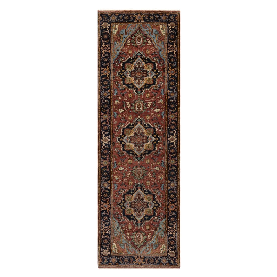 2'7"X8'1" Red Antiqued Heris Re-Creation All Wool Hand Knotted Runner Rug: Style: Heris Type: Indoor Material: Wool Color: Red Item Length: 97 Item Width: 31 Rug Type: Hand Knotted Pile: Wool Shape: Runner Field Color: Red Size: 2"7" x 8"1" / 79 CM X 246 CM Age: 2000-Now Pat
