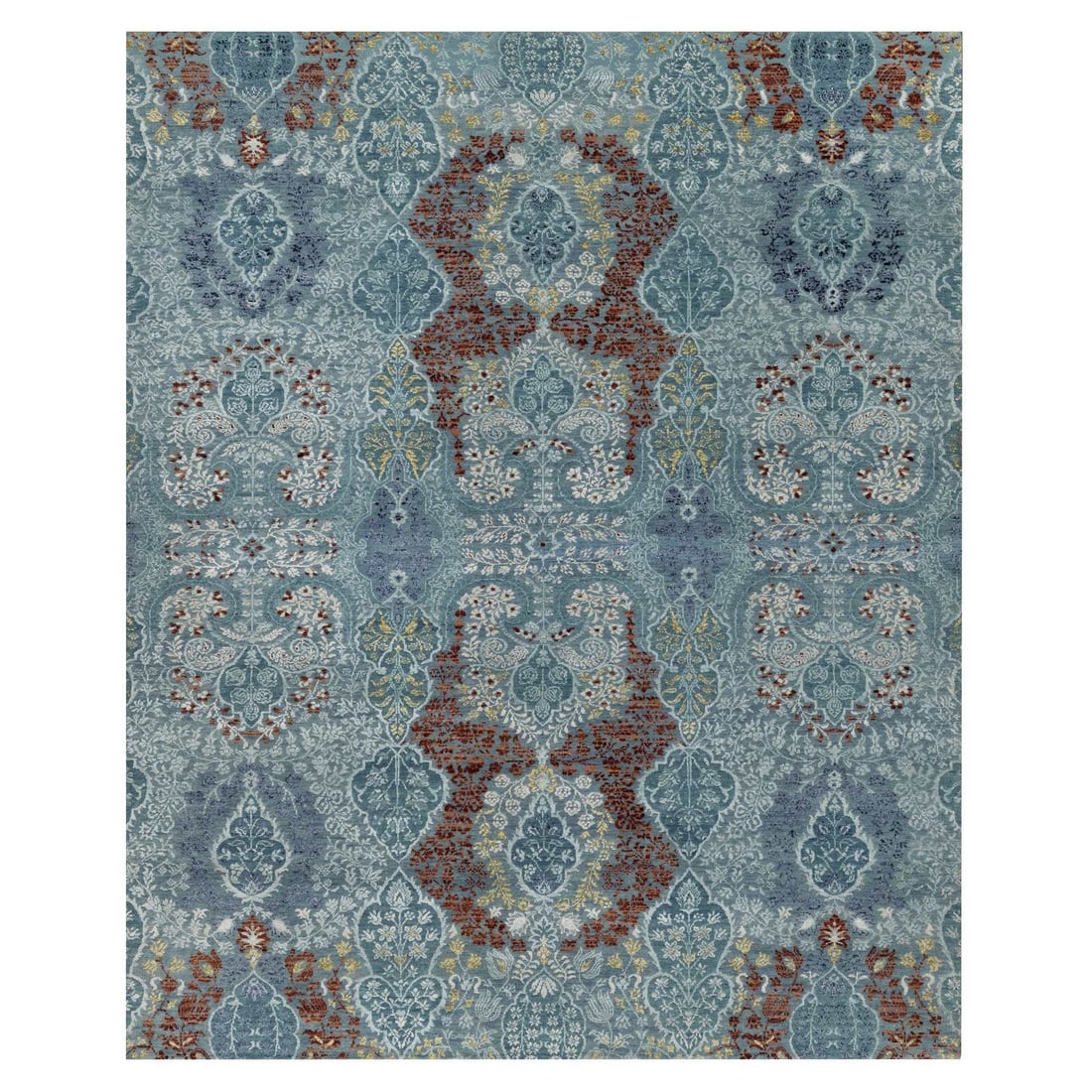 8'1"X10'1" Cerulean Blue Jewelry Design Wool And Silk Hand Knotted Rug: Style: Jewelry Type: Indoor Material: Wool Color: Blue Item Length: 121 Item Width: 97 Rug Type: Hand Knotted Pile: Wool & Silk Shape: Rectangular Field Color: Blue Size: 8"1" x 10"1" / 246 CM X 307 C