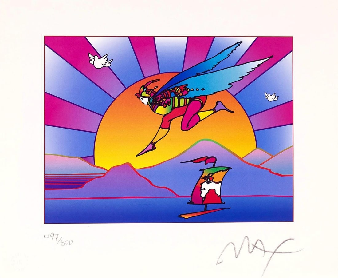 Peter Max, Winged Flyer With Sunrise, Version Ii, Hand Signed, Official Lithograph: Lithograph in colors on Lustro Saxony paper. Paper size: 9 x 11 inches. Inscription: Hand signed by Peter Max and numbered, as issued. Condition: Excellent. Notes: Published and printed by Via Max, In