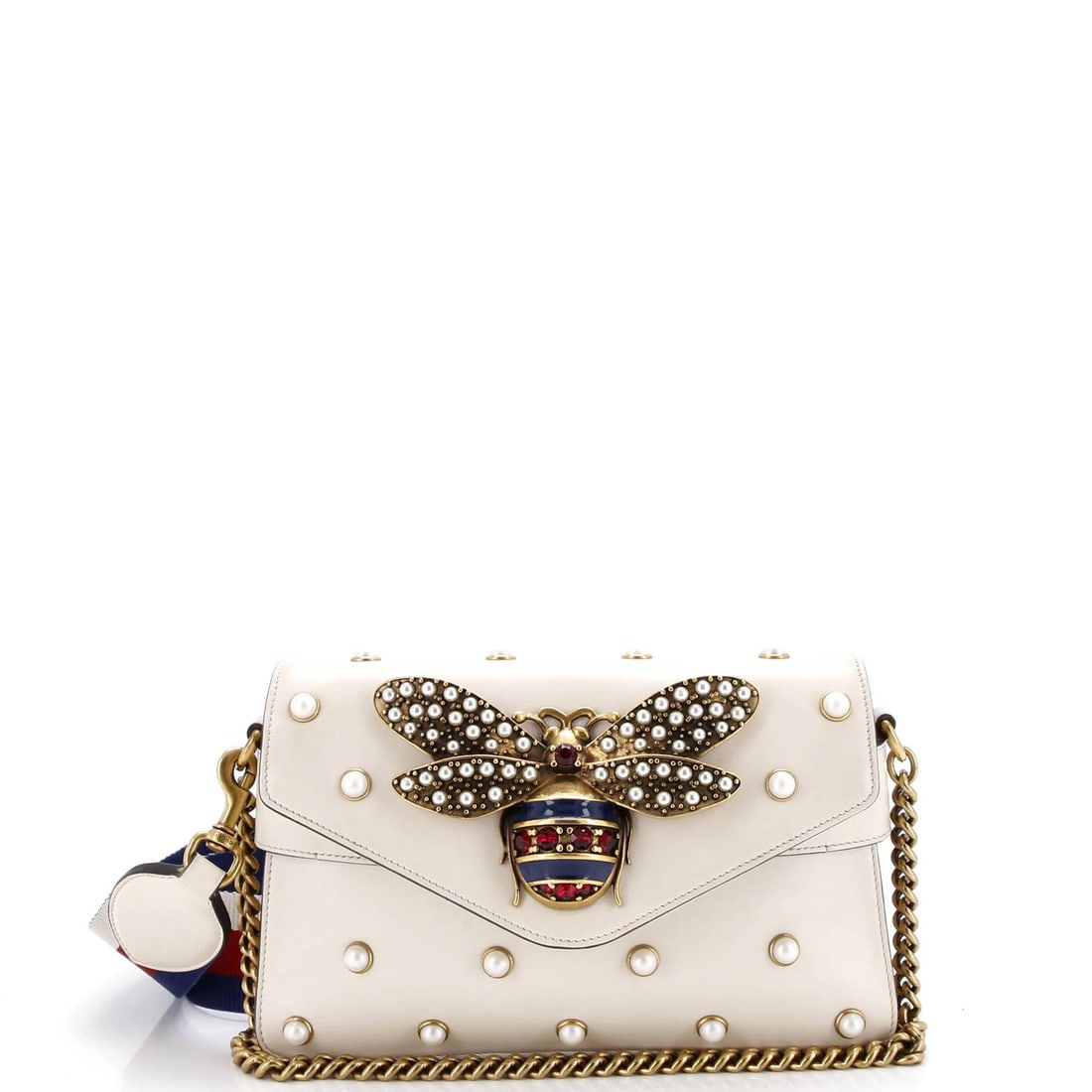 Gucci Broadway Pearly Bee Shoulder Bag Embellished Leather Mini: Brand: Gucci Exterior Material: Leather Style: Shoulder Bags Exterior Color: Neutral Size: Mini Accessories: With Strap Measurements: Handle Drop 10", Height 6", Width 10", Depth 2", Strap Drop 21" Mo