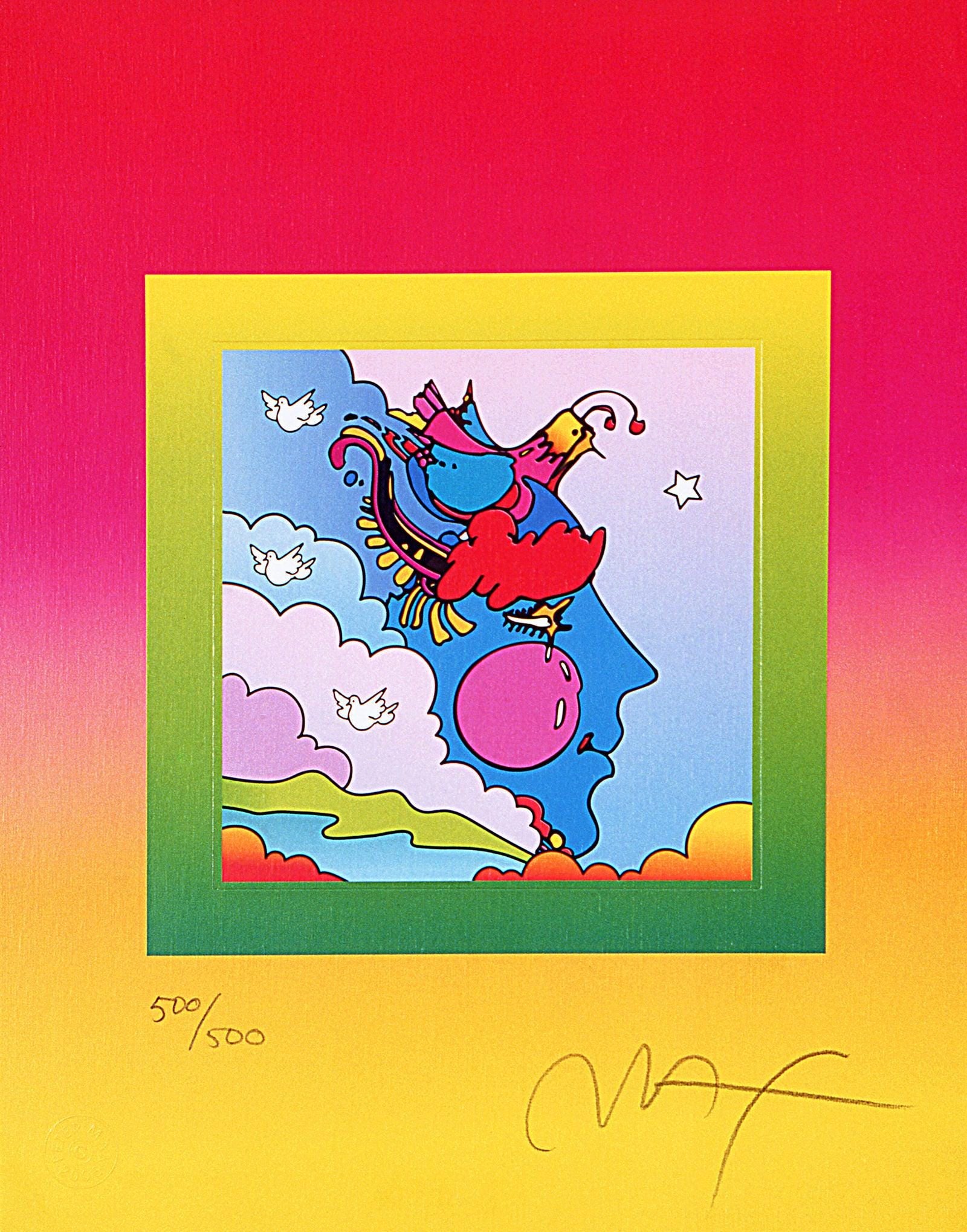 Peter Max, Woodstock Profile On Blends, Hand Signed, Official Lithograph: Lithograph in colors on fine archival paper. Paper size: 12.75 x 10 inches. Inscription: Hand signed by Peter Max and numbered, as issued. Condition: Excellent. Notes: Published and printed by Via Max