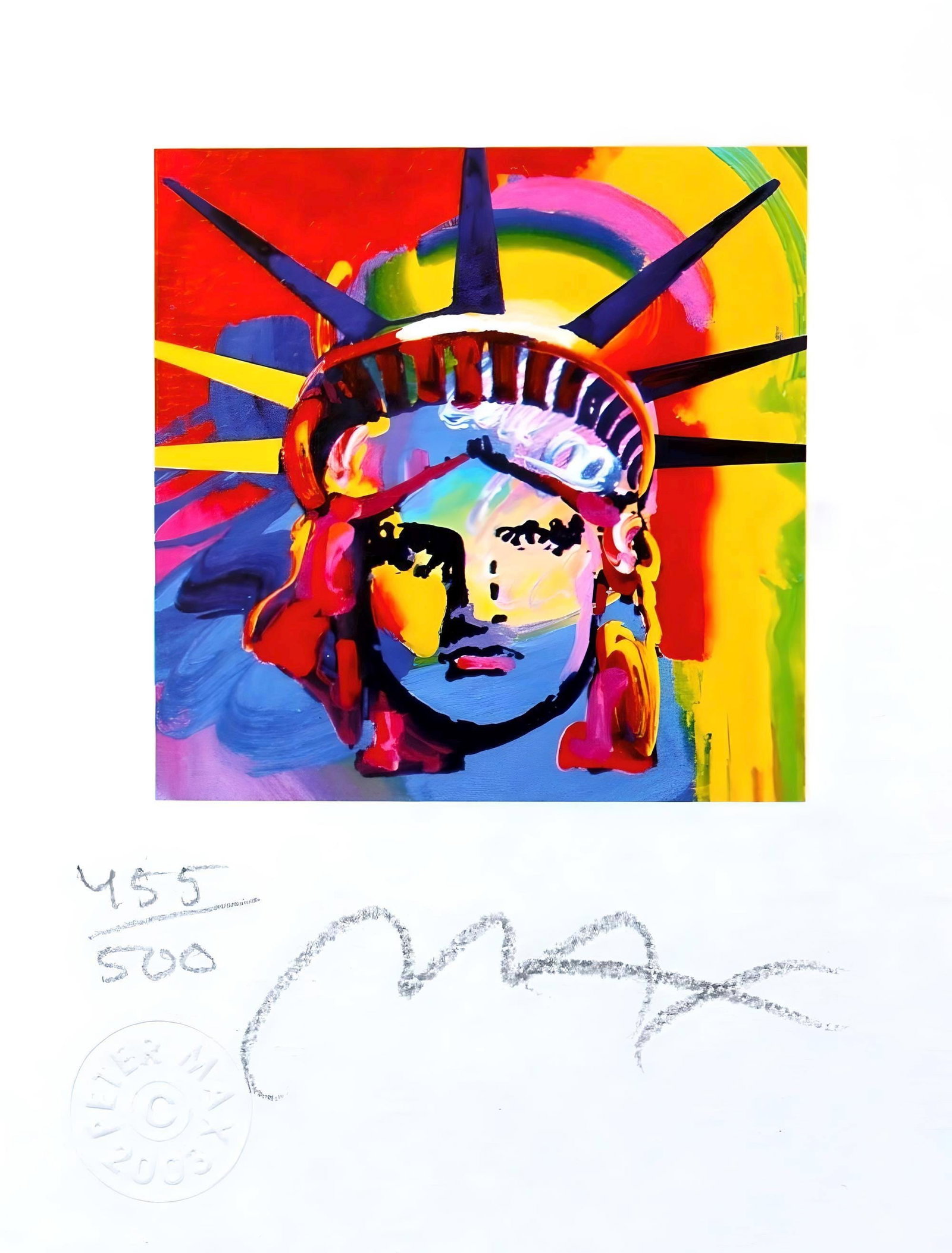 Peter Max, Liberty Head Viii, Hand Signed, Official Lithograph: Lithograph in colors on Lustro Saxony paper. Paper size: 3.43 x 2.62 inches. Inscription: Hand signed by Peter Max and numbered, as issued. Condition: Excellent. Notes: Published and printed by Via Ma