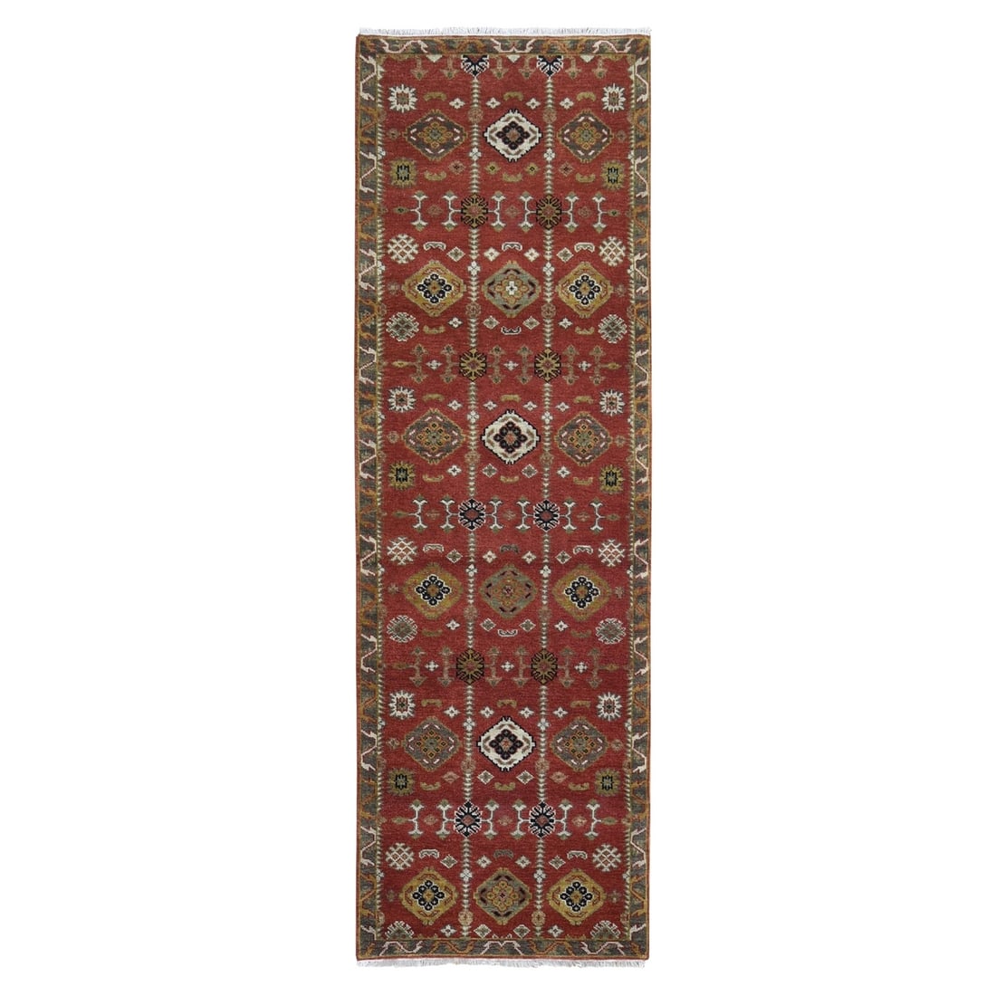 3'2"X10' 100% Wool Repetitive All Over Design Handknotted Wide Runner Rug: Style: Oriental Type: Indoor Material: Wool Color: Red Item Length: 120 Item Width: 38 Rug Type: Hand Knotted Pile: Wool Shape: Runner Field Color: Red Size: 3"2" x 10"0" / 97 CM X 305 CM Age: 2000-No