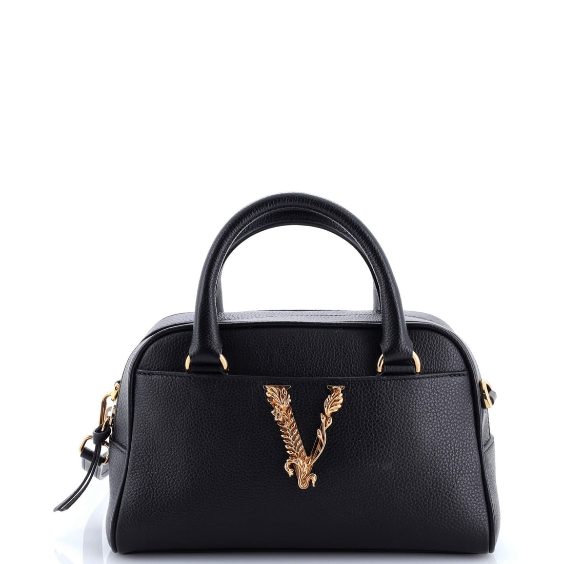 Versace Virtus Bowling Bag Leather: Brand: Versace Exterior Material: Leather Style: Bowler Exterior Color: Black Size: Unknown Measurements: Height 6.5", Width 9.5", Depth 3.5" Model: Virtus Bowling Bag Leather Exterior Material: Leath