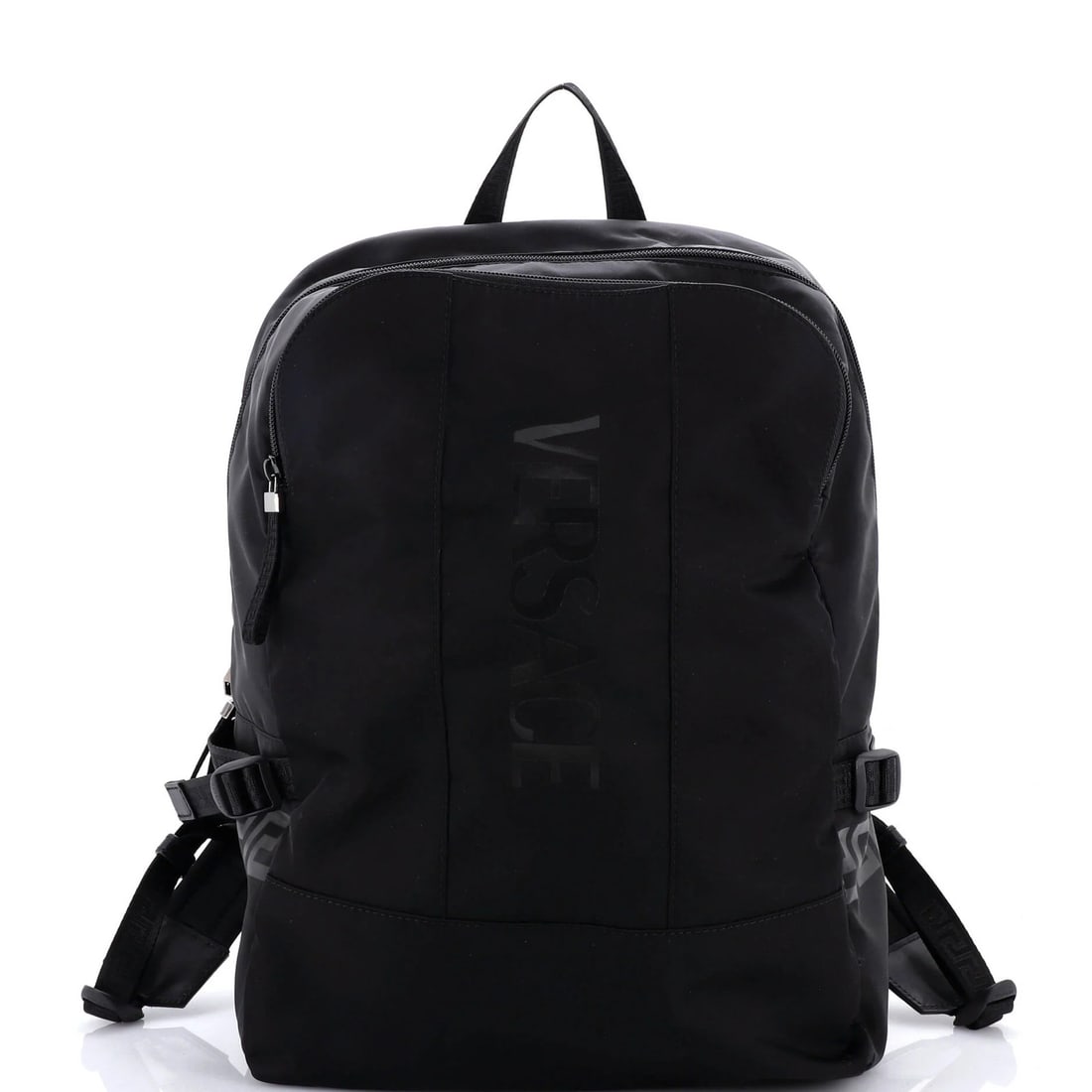 Versace La Greca Logo Backpack Nylon Medium: Brand: Versace Exterior Material: Nylon Style: Backpacks Exterior Color: Black Size: Medium Measurements: Handle Drop None", Height 16", Width 11.5", Depth 5", Strap Drop None" Model: La Greca Logo Ba