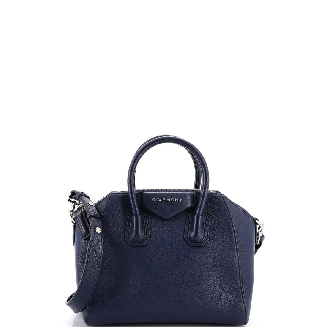 Givenchy Antigona Bag Leather Mini: Brand: Givenchy Exterior Material: Leather Style: Cross Body Bags Exterior Color: Blue Size: Mini Accessories: With Strap Measurements: Handle Drop 3", Height 7.5", Width 10", Depth 5", Strap Drop 19-