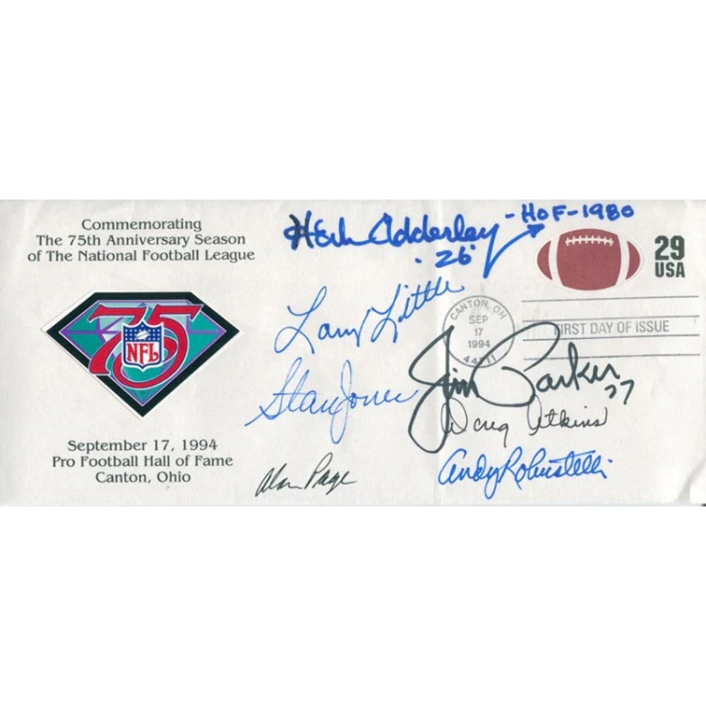 Herb Adderley, Larry Little, Stan Jones, Alan Page, Doug Atkins, Jim Parker, And: Herb Adderley, Larry Little, Stan Jones, Alan Page, Doug Atkins, Jim Parker, and Andy Robustelli 1994 Autographed First Day of Issue CachePacked and shipped in Dania beach Florida Product Disclaimer:
