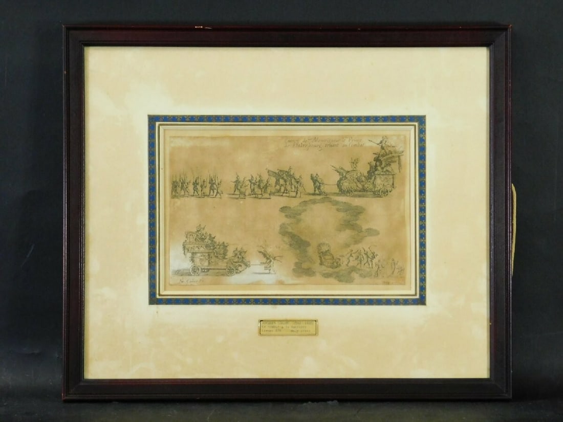 Jacques Callot 1627 Original Etching "Jousting Duke Of Falsburg" Framed Signed: Unit Of Sale: Single Piece Artist: Jacques Callot Signed By: Jacques Callot Image Orientation: Landscape Size: Medium Signed: Yes Material: Paper Framing: Framed Original/Licensed Reprint: Original Ty