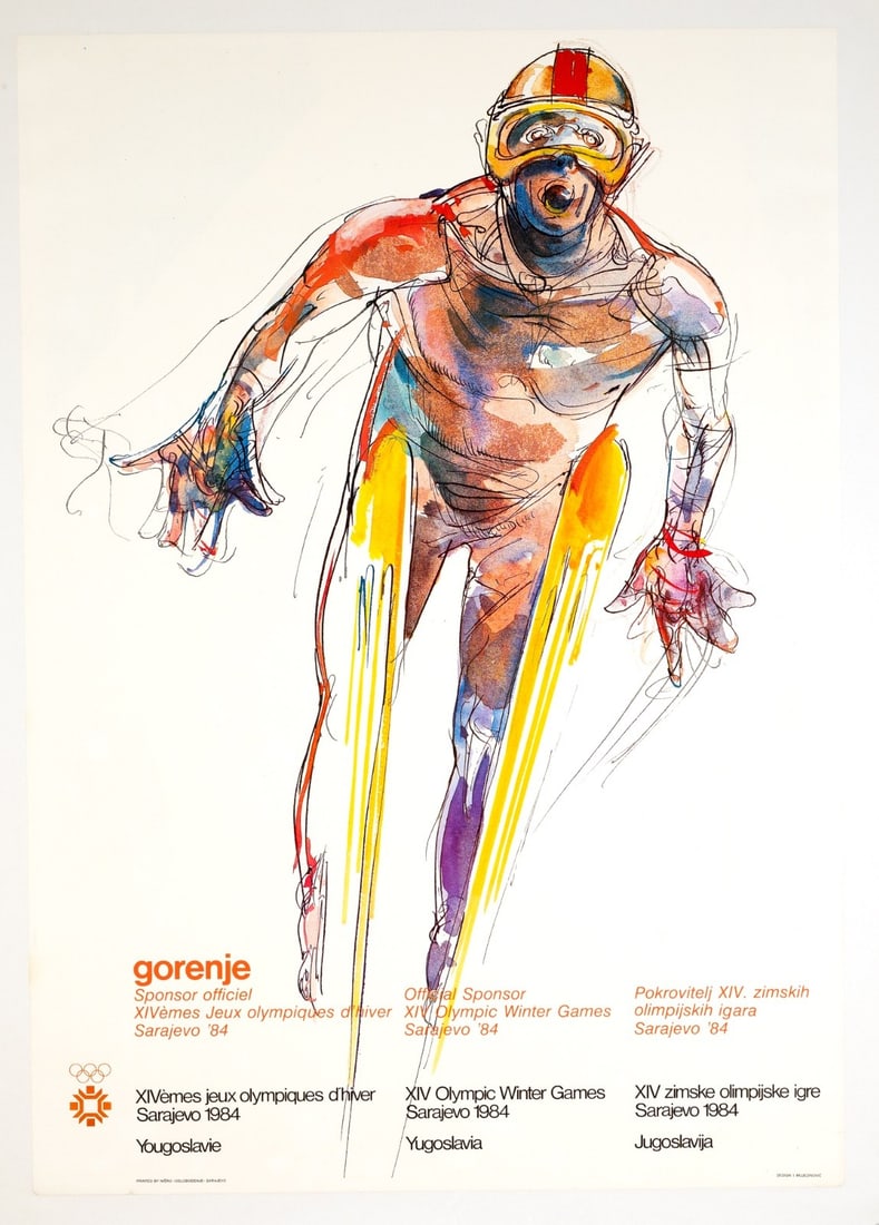 Sarajevo Olympics By Mujezonovic 1984 Ski Jump Original Olympics Poster On Linen: Artist: Mujezinovic Unit Of Sale: Single Piece Size: Medium Date Of Creation: 1970-1989 Title: Gorenje Material: Canvas Paper Certificate Of Authenticity (Coa): Yes Original/Licensed Reprint: Original