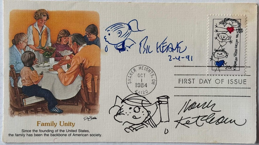 Hank Ketcham & Bil Keane Signed 3X5 First Day Cover Cartoonists (Jsa): Brand: James Spence Authentication (JSA) Hank Ketcham & Bil Keane signed 3x5 First Day Cover Cartoonists Signed and sketched in blue & black ink across the front dated"2-4-91" Product Disclaimer: Not