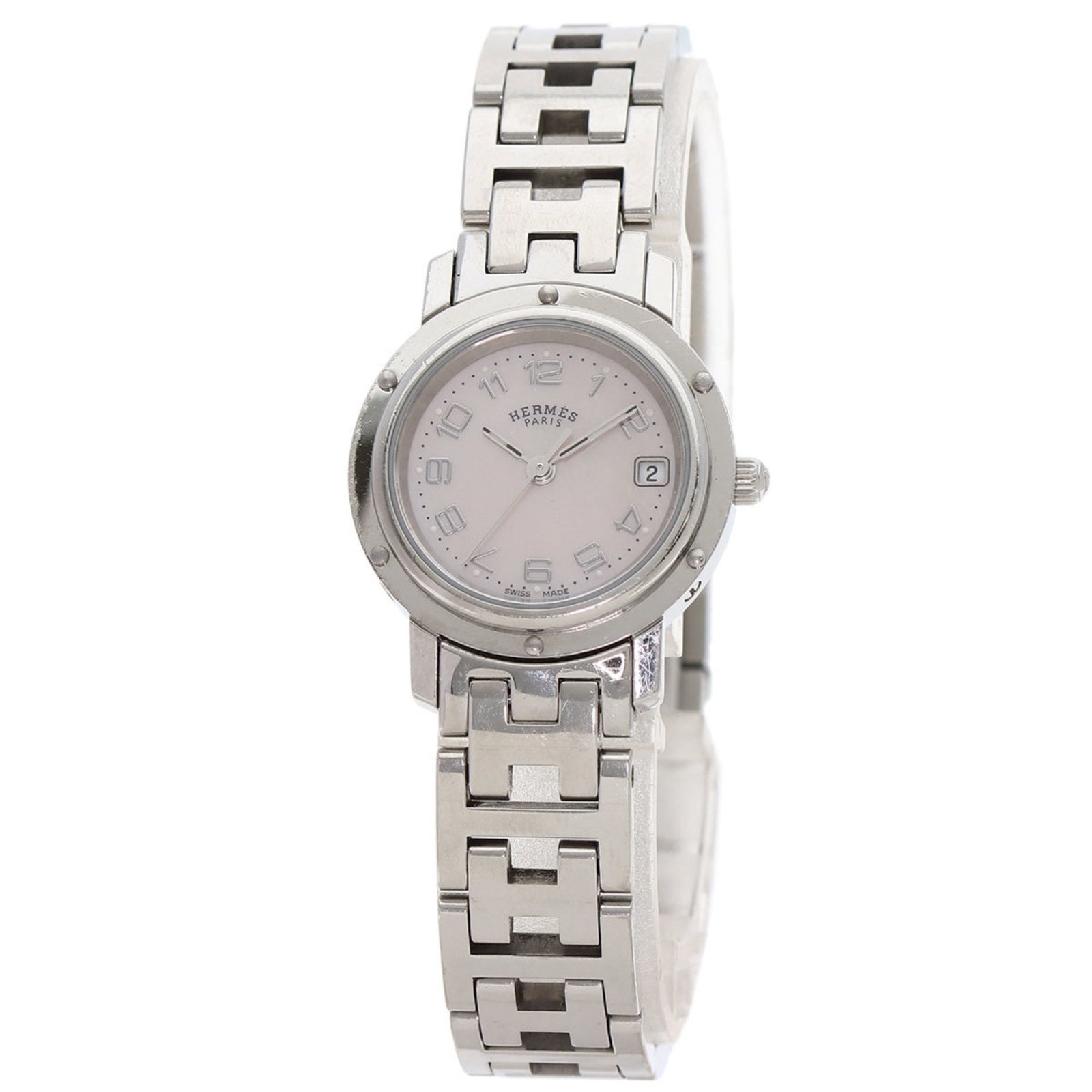 Herms Cl4.210 Clipper Nakre New Buckle Watch Stainless Steel/Ss: Brand: Hermes Type: Wristwatch Gender: Women Display: Analog Material (Case): Stainless Steel Material (Band): Stainless Steel Color (Dial): Pink Shell Case Diameter: 24mm / 0.94'' Case Thickness: 6.1
