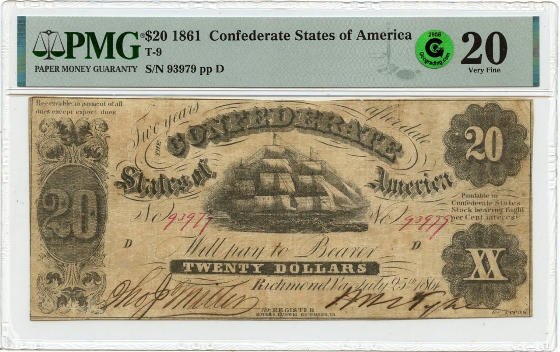1861 $20 Confederate States Of America T-9 Csa Pmg Vf20 Gcc Green (1 of 2)