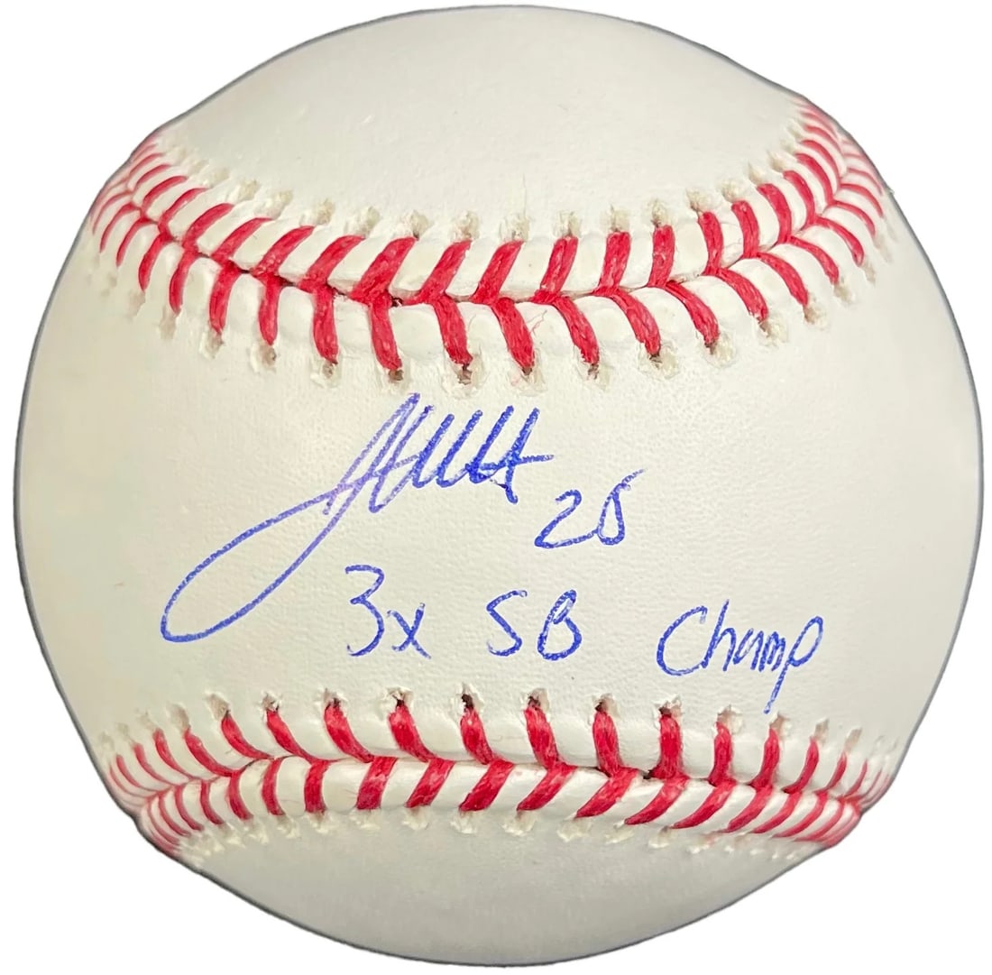 James White "3X Sb Champ" Autographed Baseball (Jsa): Brand: James Spence Authentication (JSA) James White "3x SB Champ" Autographed Baseball Inscribed with "3x SB Champ" inscription Signed in blue pen across the sweet spot of an official Robert Manfred