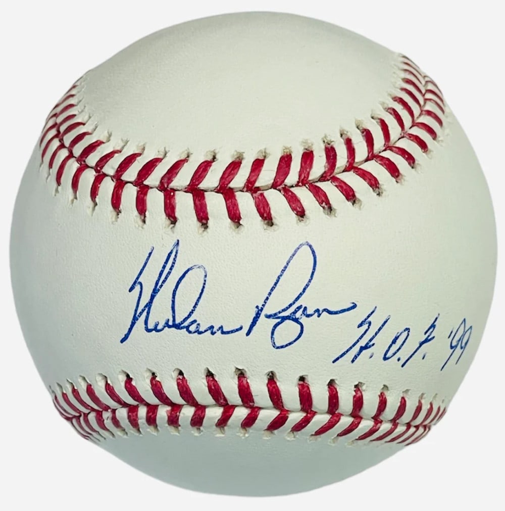Nolan Ryan "Hof 99" Autographed Baseball (Aiv): Brand: AIV Nolan Ryan "HOF 99" Autographed Baseball Inscribed with "HOF 99" inscription Signed across the sweet spot of an official Major League Robert Manfred baseball Authenticity is provided byAuth
