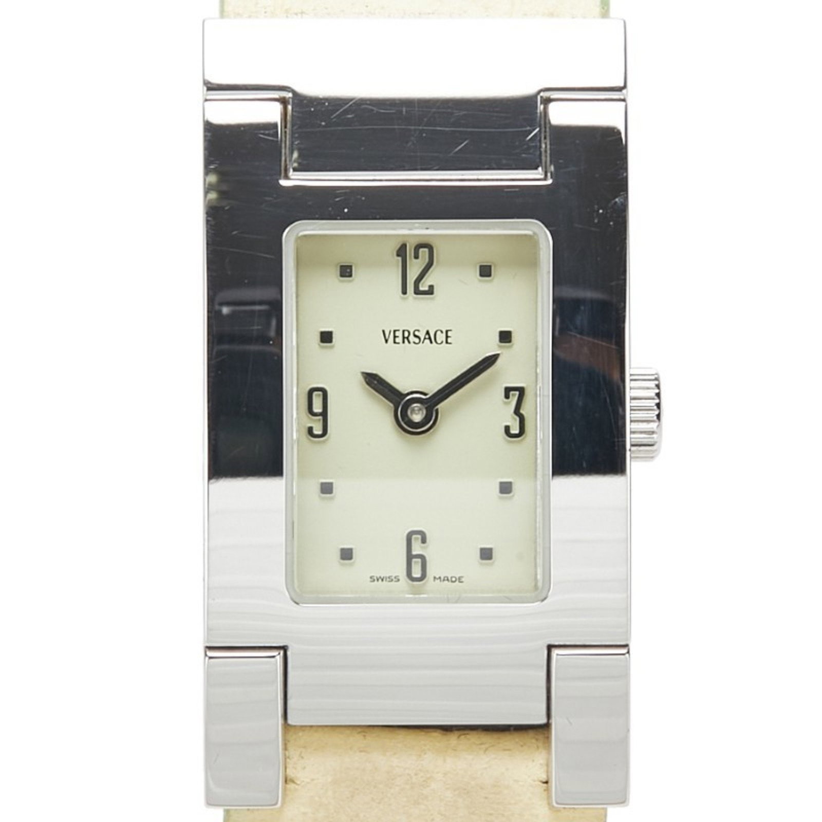 Versace Asq99 Quartz Watch: Brand: Versace Type: Wristwatch Gender: Women Display: Analog Material (Case): Stainless Steel Material (Band): Leather Color: Silver Color (Band): Beige Color (Dial): Green Case Diameter: 18.2mm / 0.