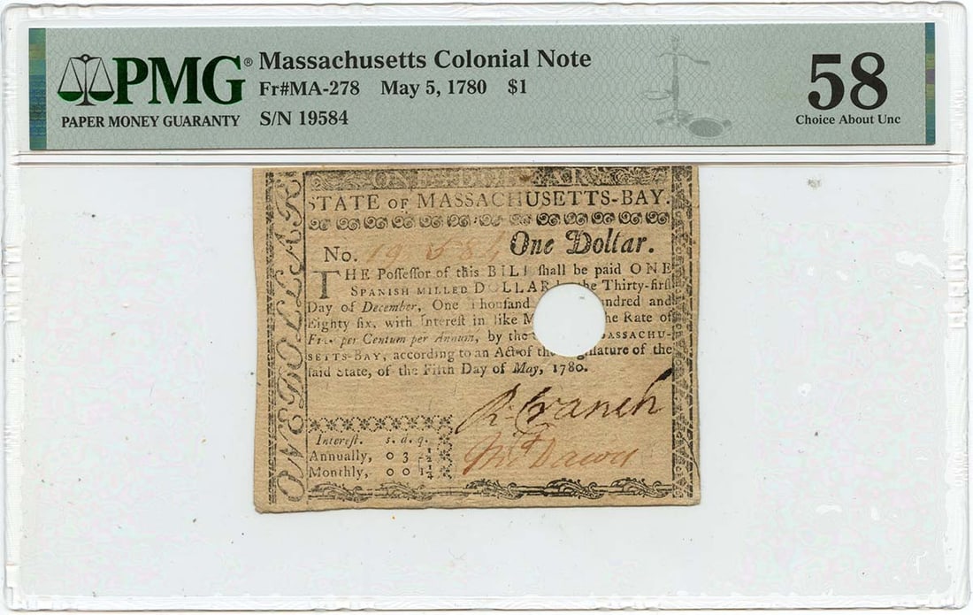 1780 May 5, $1 Massachusetts Colonial Note Fr#Ma-278 Pmg Au58 (1 of 1)
