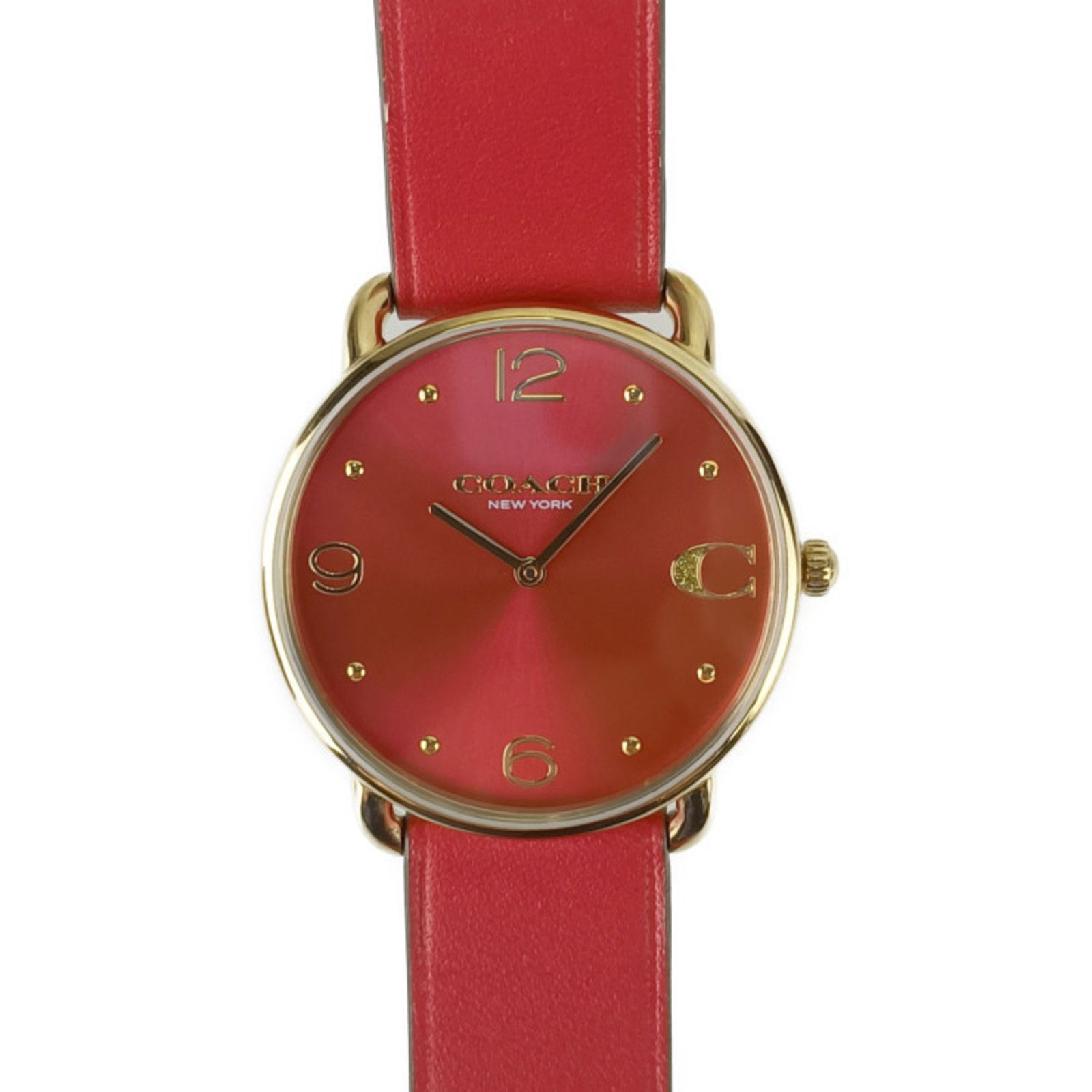 Coach Elliott Ca.158.7.34.2339 Watch: Brand: Coach Type: Wristwatch Gender: Men,Women Material (Case): Gold Plated Material (Band): Leather Color (Dial): Red Color Case Diameter: 36mm / 1.42'' Wrist Size: 19.5cm / 7.67'' Condition: Used (