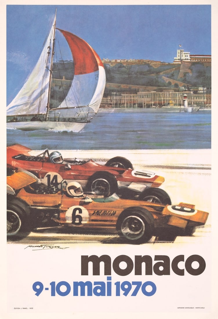 Monaco Grand Prix 1970 Michael Turner Vintage French Automobile Racing Poster: Country Of Origin: Monaco Artist: Carpenter Michael Turner Unit Of Sale: Single Piece Size: Small Date Of Creation: 1970"S Title: MONACO GRAND PRIX 1970 Material: Canvas Paper Franchise: Cars Region O