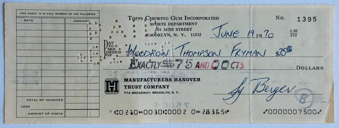 Sy Berger Autographed Cancelled Check (1 of 2)