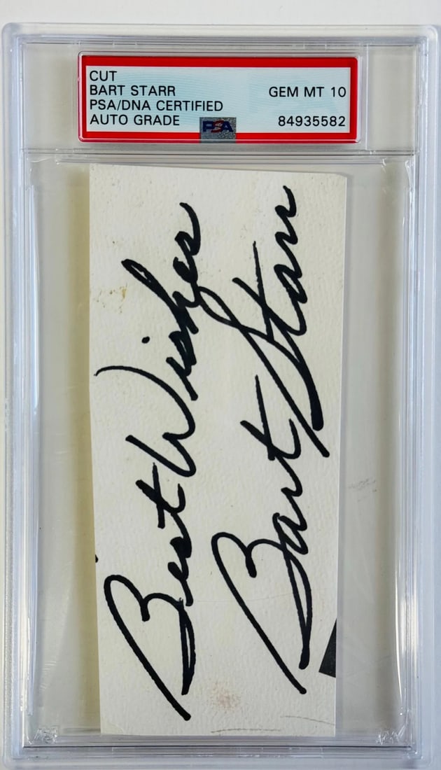 Bart Starr Autographed Cut Psa Gem Mt 10: Brand: Professional Sports Authentication (PSA) Bart Starr Autographed Cut PSA GEM MT 10 Signed in black sharpie and certified by PSA. Product Disclaimer: Not affiliated with any team or league. Signa