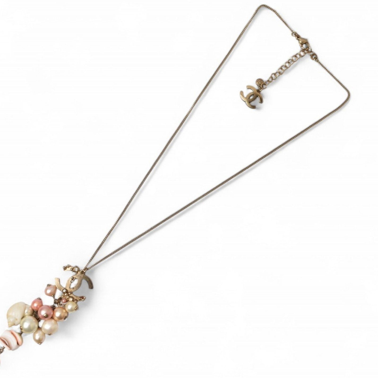 Chanel Long Necklace Pendant Chnael Coco Cc Pearl Shell Motif Gold Rose 07 (1 of 7)