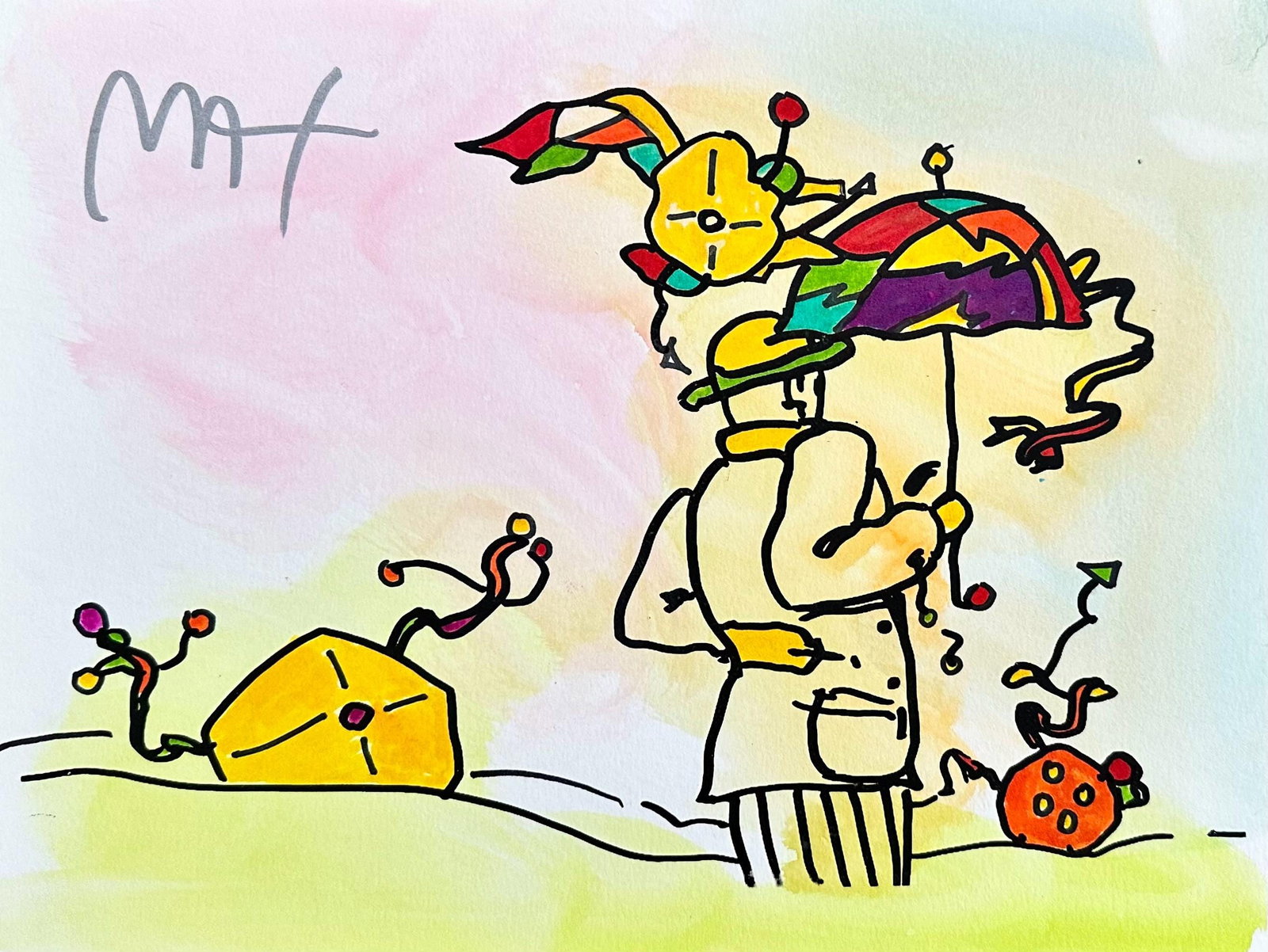 Peter Max, Umbrella Man, Hand Signed, Mixed Media Watercolor And Silkscreen Painting: Watercolor and silkscreen on Fabriano vlin paper. Paper size: 9 x 12 inches. Inscription: Hand signed in ink, as issued. Condition: Excellent. Notes: Published, printed, and painted by Peter Max, New