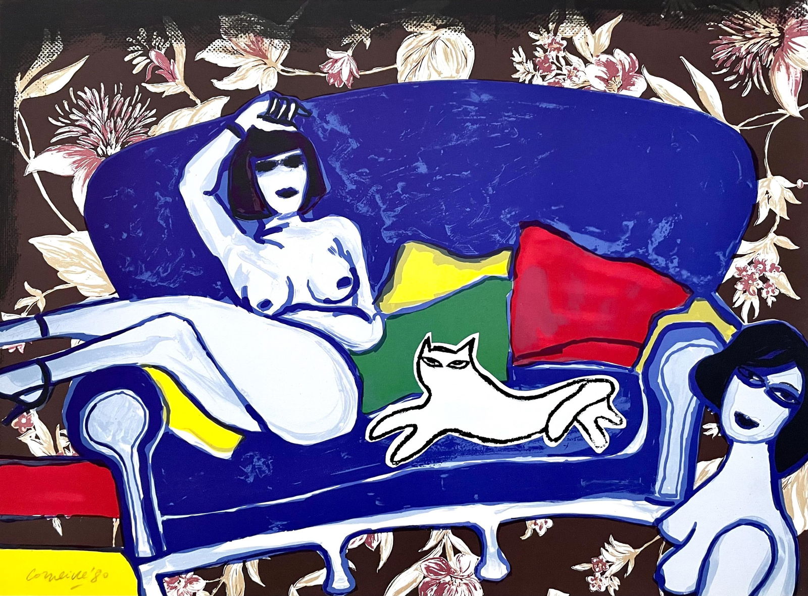 Guillaume Cornelis Van Beverloo, Corneille, Complicite With Pussycat, Lithograph: Lithograph on vlin paper. Paper size: 19.5 x 25.5 inches. Excellent condition. Inscription: Hand signed and numbered, as issued. Notes: Published by London Arts Inc., Detroit; printed by Arts Litho, P